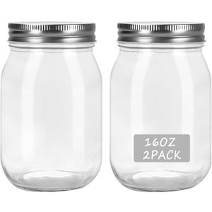 HOXHA 2 Pack Glass Regular Mouth Mason Jars, 16 oz Clear Glass Jars with Lids for Sealing, Canning Jars for Food Storage, Overnight Oats, Dry Food, Snacks, Candies, Jam, Honey
