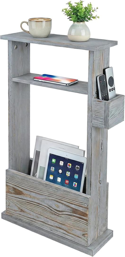 MyGift Narrow Side Table, Slim End Sofa Table in Vintage Gray Wood with Storage Shelf, Magazine and Remote Holder