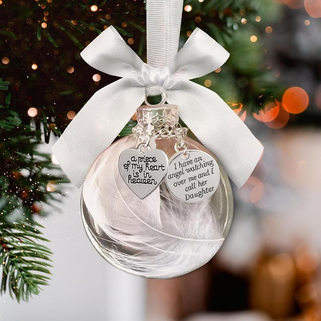 Christmas Memorial Ornaments Clear Feather Ball with Charm A Piece of My Heart is in Heaven in Memory of Loved One Sympathy Gifts Xmas Memorial Decorations(Daughter)