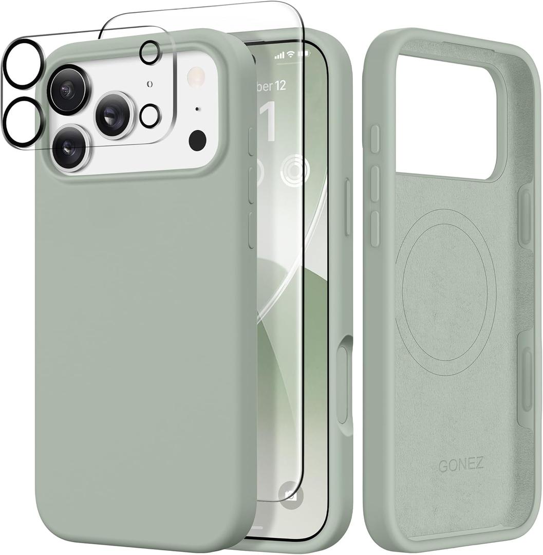 GONEZ Magnetic for iPhone 17 Pro Max Case, Compatible with MagSafe, [Screen Protector + Camera Lens Protector], Liquid Silicone Anti-Scratch Shockproof Protective Phone Case 6.9 inch, Light Green
