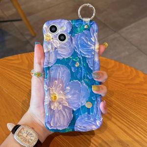UEEBAI for iPhone 13 Case, Oil Painting Flower Case with Phone Grip Pretty Glossy Wave Cover Cute Floral Curly Cover with Phone Finger Strap Stand for Women Girl, Purple Flower