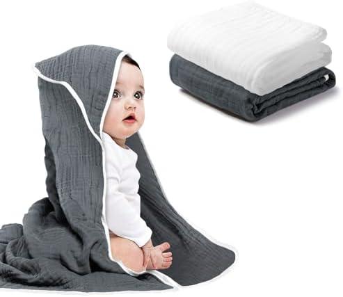 Arnzion Baby Hooded Towels for Babies and Toddlers, Muslin Baby Bath Towel Soft and Absorbency for Boys and Girls (Dark Grey White, Green, 3 Pack)