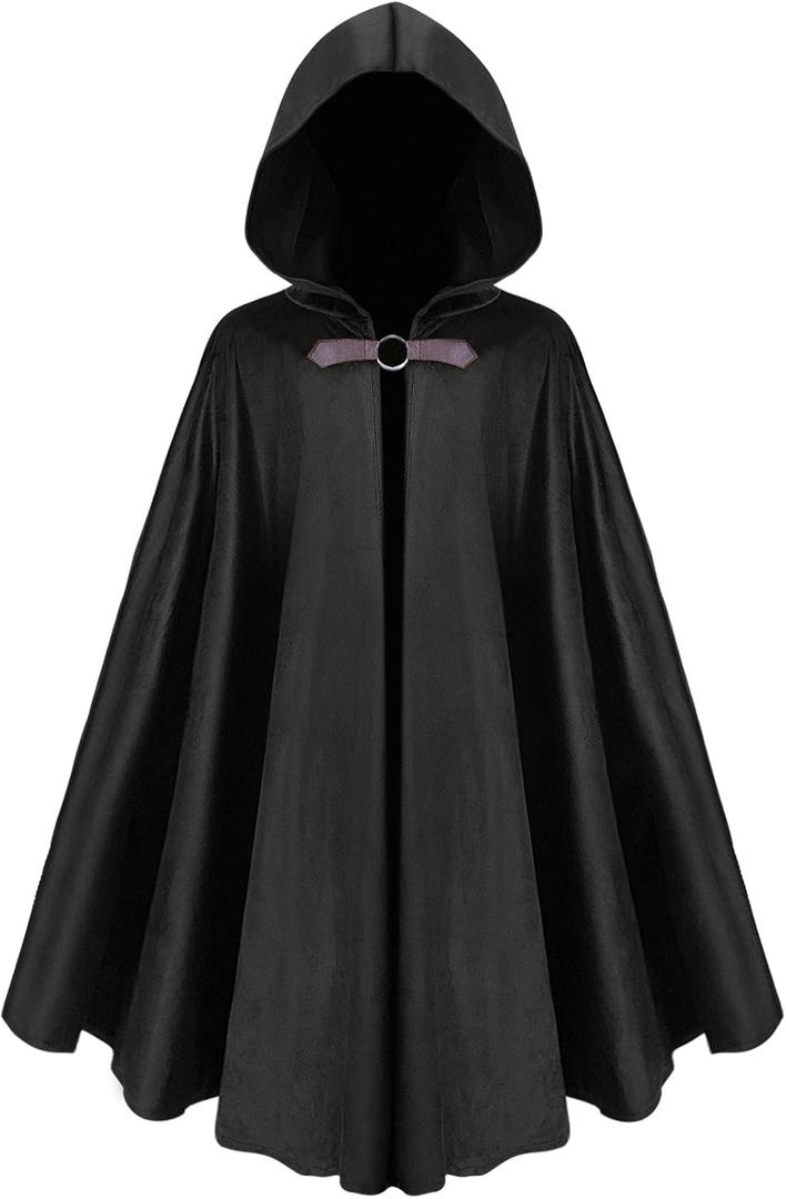 Renaissance Cloak with Hood Medieval Velvet Hooded Cape Victorian Hooded Cloak Halloween Costume for Adult (Large, Black)
