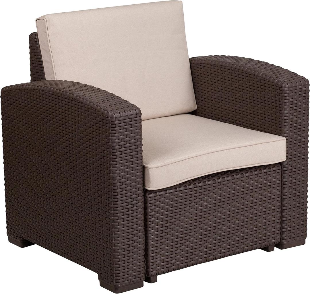 Flash Furniture Seneca Chocolate Brown Faux Rattan Chair with All-Weather Beige Cushion