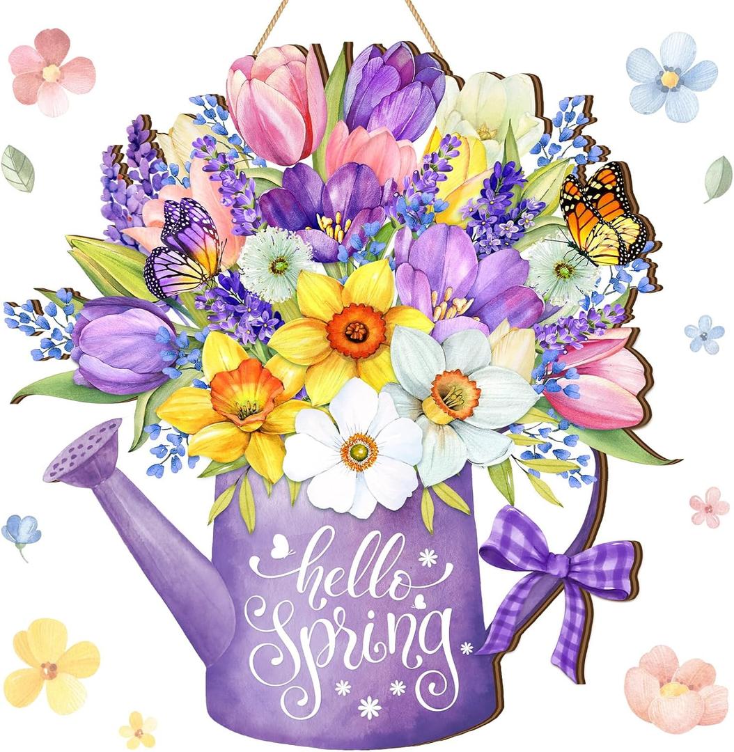 Juexica Hello Spring Door Sign for Front Porch - Flower Hanger Wreaths, Wooden Hanging Decor, Rustic Welcome Sign for Wall Pediments Decorations, Fresh Flower