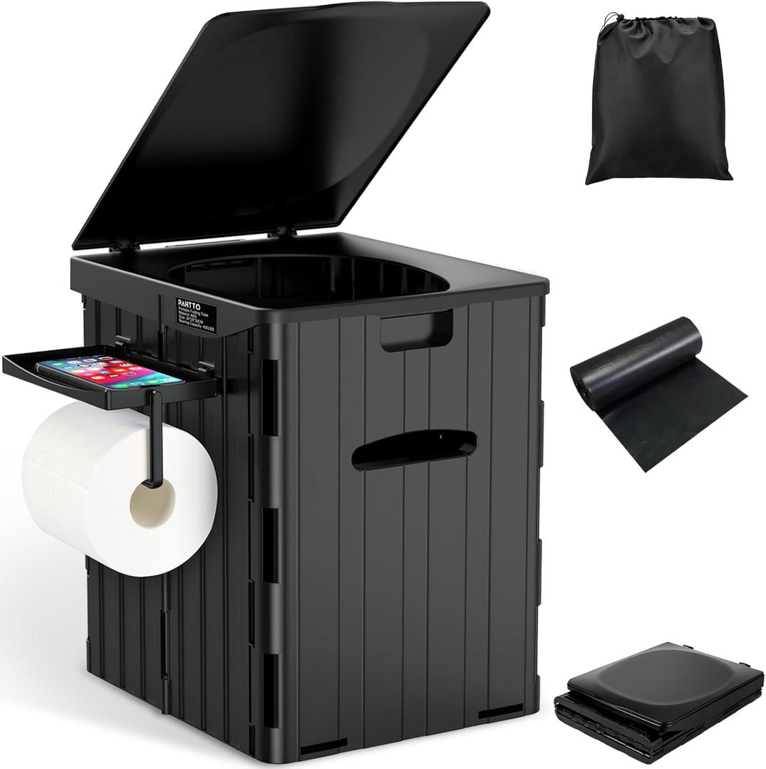XL Portable Toilet for Adults, Extra Large 15.4"H Foldable Camping with Detachable Phone Shelf and Paper Holder, Waterproof Porta Potty Lid Camping, Hiking, Long Road Trips, Car