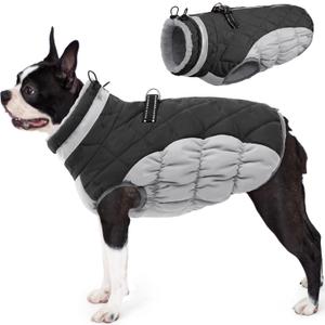 AOFITEE Dog Coat, Warm Dog Jacket Dog Winter Coats, Reflective Turtleneck Dog Fleece Vest with Harness Built in, Waterproof Windproof Dog Snow Jacket Snowsuit for Small Medium Large Dogs, Grey M