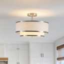 Farmhouse Close to Ceiling Light, 3-Light Flush Mount Ceiling Light Fixture with 2-Layer Fabric Shade, Modern Drum Ceiling Lamp for Hallway Bedroom Living Room (Brushed Nickel)