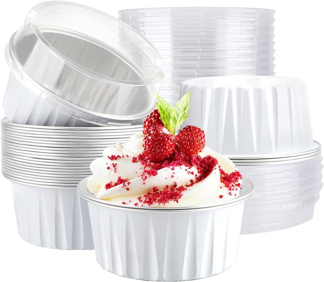 EUSOAR Aluminum Foil Muffin Liners, 30pcs 5oz Mini Pie Pans with Lids, Disposable Baking Cups Containers for Creme Brulee or Cupcake-White