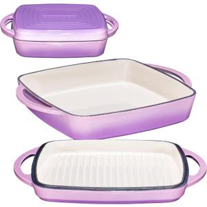 Bruntmor 2-in-1 Square Enamel Cast Iron Dutch Oven Baking Pan With Handles, Purple Baking Pans Set With Cast Iron Skillet, Braising Pan For Casserole Dish with lid, Oven Safe