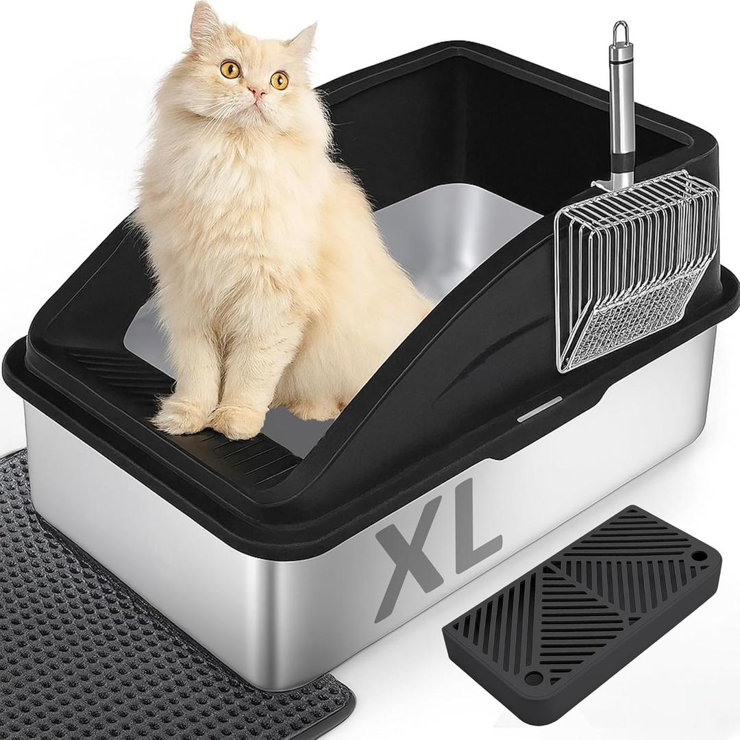 Stainless Steel Cat Litter Box with Enclosure, Large Litter Box for Cats and Kittens, Smooth Easy Clean Interior, Durable Metal Design with Cover, Litter Shovel, Pad and Footboard Included (Black), 23.2"L x 15.7"W x 12.2"H