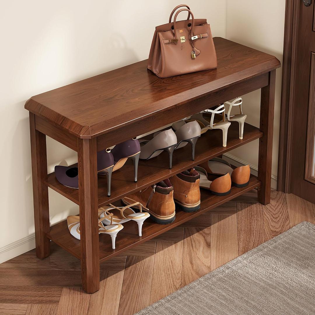 Shoe Rack for Front Door Entrance, Solid Wood Shoe Bench for Closet, Holds Up to 550lbs, Shoe Rack Bench for Entryway, Mudroom, Hallway (2 Tier, 31.5"L x 11.8"W x 20.5"H, Walnut)