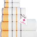 CASA COPENHAGEN White Bay, 6 Pieces Towel Set- White with Gold and Grey Violet Border, 600 GSM, 2Bath, 2Hand, 2Washcloths Egyptian Cotton Towel for Hotel Spa Kitchen Bathroom Kitchen & Shower