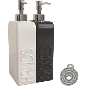 Soap Dispenser Set with Funnel, Non-Slip Silicone Pads, 2 Pack Ceramic Refillable Dish Soap and Hand Soap Dispenser for Kitchen, Bathroom, Matte Black and White