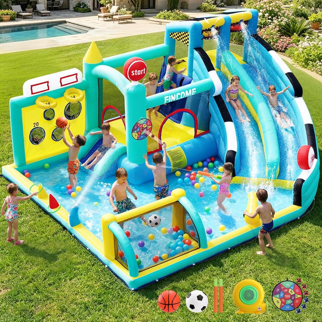 FINCOME Bounce House Double Slides for Kids 3-10, Large Bounce Castle with Air Blower 550W, Pool, Jumping, Climbing, Balls, Ring Toss, Inflatable Water Park for Birthday Party Holiday Outdoor Indoor