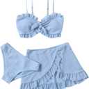 SHENHE Girl's 3 Piece Cute High Waisted Ruffle Trim Swimsuit Bikini Sets with Beach Skirt (Light Blue)