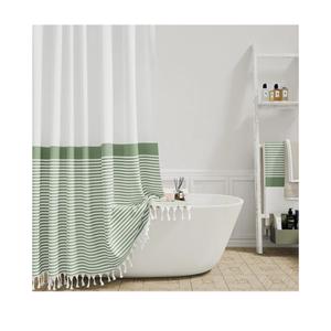 Dynamene Sage Green Fabric Shower Curtain, Farmhouse Boho Striped Tassel Shower Curtain for Bathroom, Bohemian Textured Cloth Shower Curtain Set with Hook, Water Repellent, Wrinkle Free, 72x72