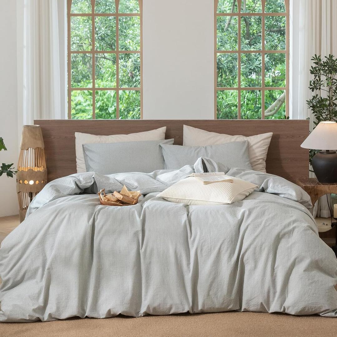 MooMee Striped Duvet Cover Set 100% Washed Cotton Linen Like Textured Breathable Durable Soft Comfy (Heathered Green Pinstripes, King 104"x90")