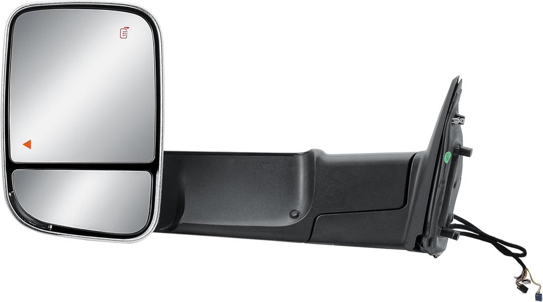 Driver Left Side Door Towing Mirror Power and Heat Glass with BLIS Chrome Back Cover Turn Signal Light and Puddle Light Manual Folding Temperature Sensor For 19-24 Ram 2500 3500 4500 5500, Large