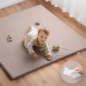 Blissful Diary Vegan Leather Baby Play Mat, 47x47 Thicken Foam Cushioned & Waterproof Playpen Mat for Infants and Toddlers, Stylish and Just Wipe-Clean Playmat for Baby Play on Floor, Taupe