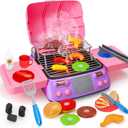Kids BBQ Grill Playset Kitchen Toy Set with Pretend Smoke Sound Light Toddler Girls Pink Play Food Ages 3-5 4-8 Indoor Outdoor Cooking Barbecue Toys for 3 4 6 Year Old Girl Birthday Gift