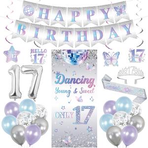 Holkcog Happy 17th Birthday Decorations for Girl, Silve Dancing Queen & Sweet Only 17th Background Banner, Funny Seventeen years old Gifts for Her, Sweet Silver 17 Number Balloons, 17 Party Supply