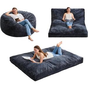 Hobestluk Bean Bag Chair Convertible Beanbag Chairs for Adults, 3 in 1 Bean Bag with Plush Faux Fur Cover, Adult Bean Bag Chair for Living Room, Bedroom (Grey, Full)