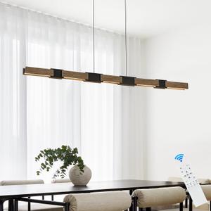 Modern LED Linear Pendant Lights 52 inch LED Chandelier Lighting for Home Office Black & Wood Dining Room Hanging Light Fixture Modern Dimmable Kitchen Island Lighting, 51.2''