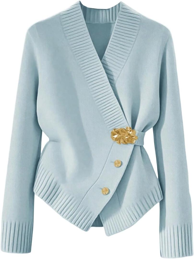 Verdusa Women's Elegant Metal Button Down Cardigan Wrap V Neck Long Sleeve Knitted Sweaters Blue Medium
