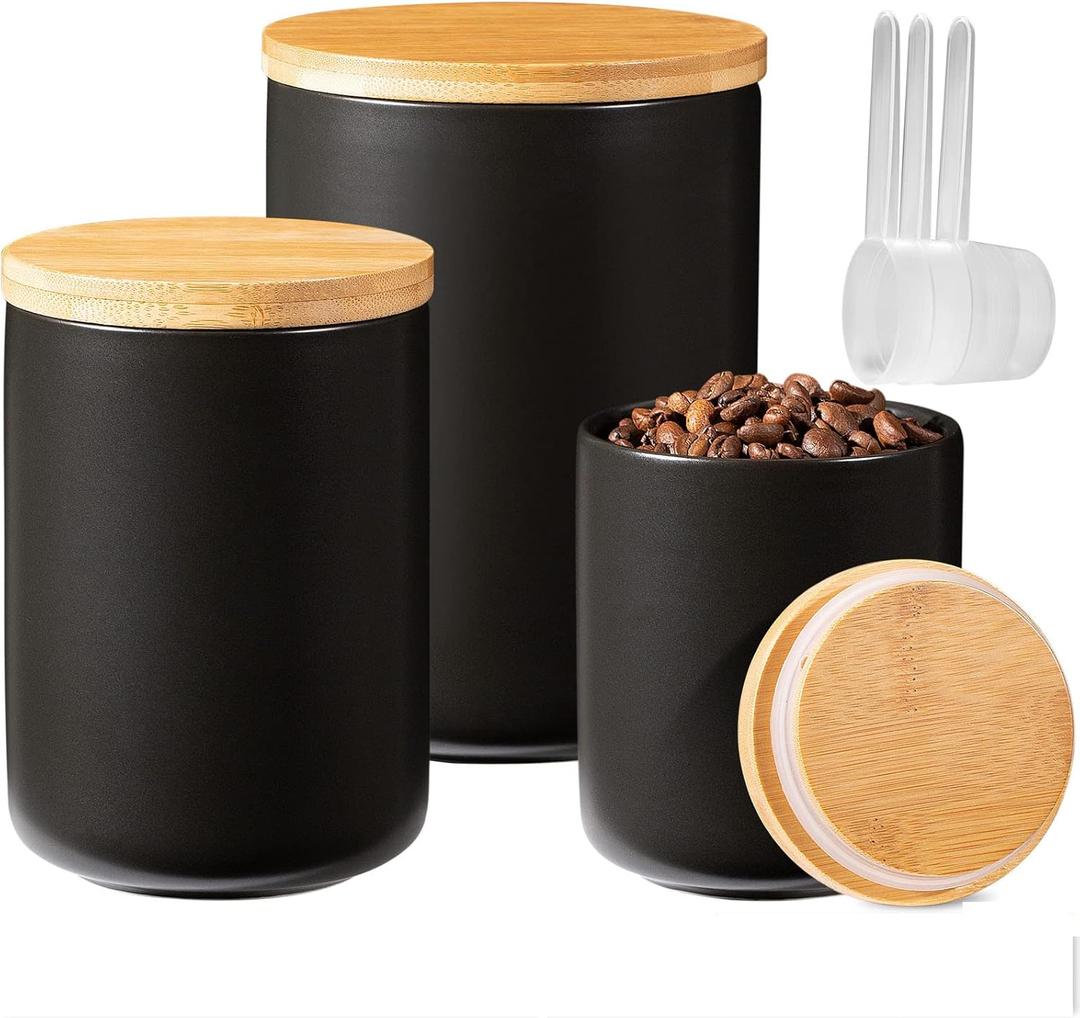 Yangbaga Black Ceramic Canister Set for Kitchen-Set of 3 Kitchen Canisters for Countertop with Airtight Wood Lids,Large Kitchen Storage for Flour,Suger,Coffee-Modern Countertop Decor (84/32/15 OZ)