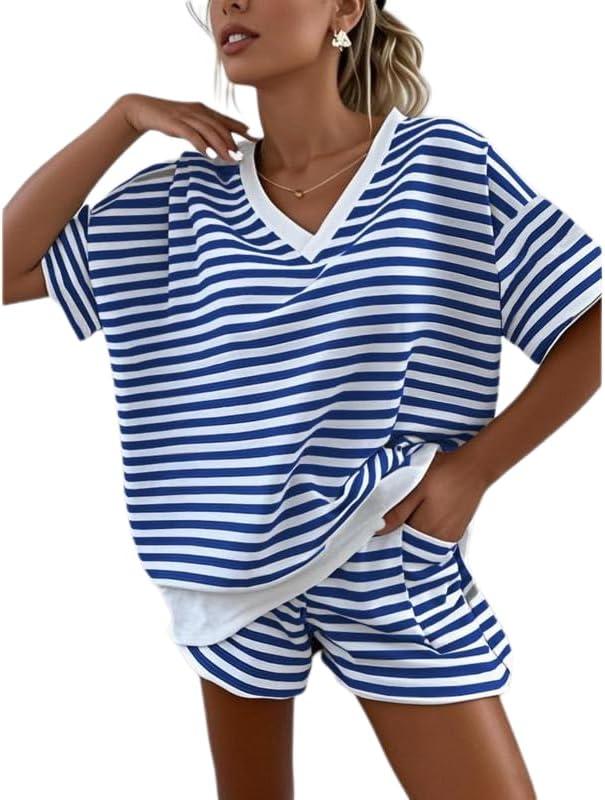 Melliflo Women 2 Piece Outfits Lounge Sets Striped Print Long Sleeve V Neck Sweatshirt and Shorts Set Sweatsuit (Blue, L)