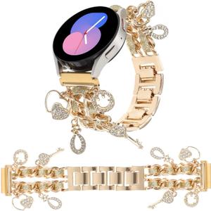 20MM Stylish Metal Bands Compatible with Samsung Galaxy Watch 7/6/5/4 40mm 44mm,Watch 6/4 Classic,Galaxy Watch 5 Pro,Watch 3,Active 2,FE,Cuban Chain Strap with Cute Pendants for Women (Bling Gold)