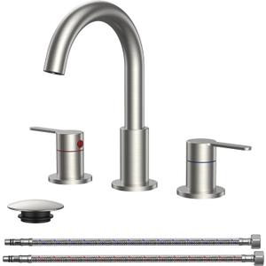 QFN Bathroom Faucets 3 Hole Brushed Nickel, 8 Inch Widespread Vanity Sink Faucet with Aerator, 2 Handle 360 Swivel High Arc Spout, Spot-Free Finish, cUPC NSF Certified and CEC & DOE Compliant (Stainless Steel)