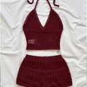 GORGLITTER Women's Summer Vacation Outfits Crochet Knit Halter Crop Tops Mini Shorts Going Out Beach Resort Wear (Red), M
