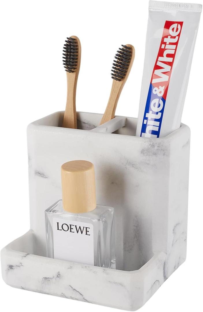 Toothbrush Holder for Bathrooms Organizer Countertop Organizer Accessories, with 3 Compartment Storage for Toothbrush Toothpaste Floss Razors, White Imitation Marble Finish Toothbrushholder03 (1 Pack, Marble8)