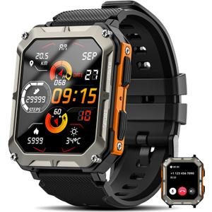 Military Smart Watch for Men(Answer/Make Call), 10 ATM Waterproof Outdoor Sports Fitness Tracker with/Blood Pressure/Heart Rate/Sleep Monitor, Rugged Tactical Smartwatch for Android & iPhone(2 Bands) (Orange + Camo)