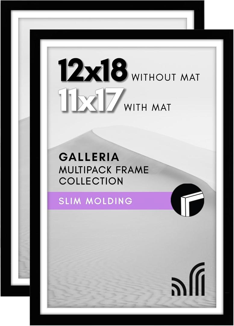 Americanflat 12x18 Poster Frame with Polished Plexiglass - Set of 2 - Use as 11x17 Frame with Mat or Display 12x18 Photo Without Mat - Galleria Collection - Picture Frames for Wall Display - Black