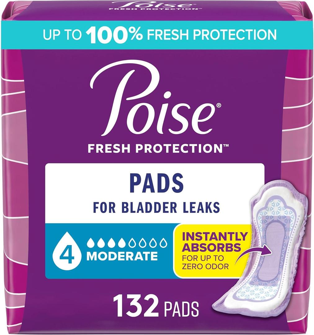 Poise Incontinence & Postpartum Pads for Bladder Leaks, 4 Drop Moderate Absorbency, Regular Length, 132 Count, 2 PAck of 66 count 