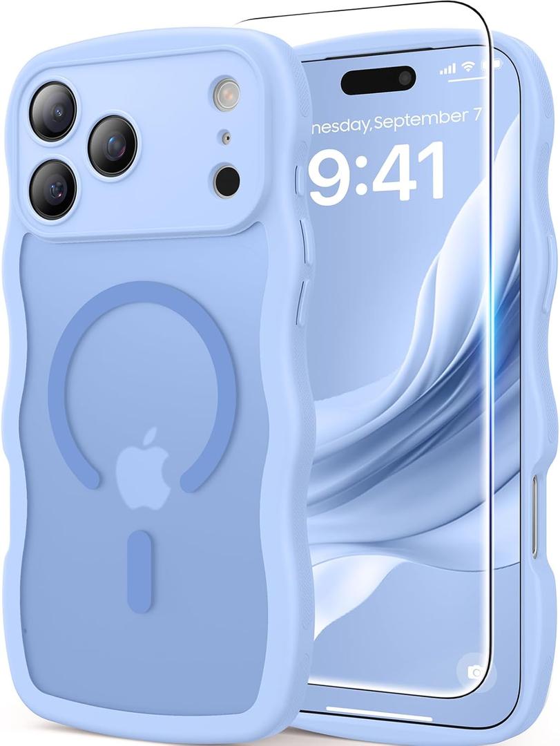 Magnetic for iPhone 17 Pro Case, 1X Screen Protector+1X Wrist Strap, Cute Wavy [Compatible with MagSafe][Full Camera Protection] Trendy Matte Women Girly Phone Case for iPhone 17 Pro 6.3", Light Blue