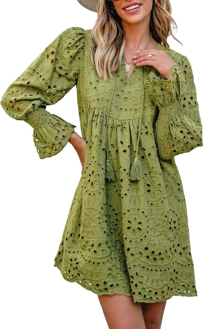 Dokotoo Womens 2025 Boho Dress Tassel V Neck Long Sleeve A Line Casual Hollow Out Lace Ruffle Party Dresses (M)