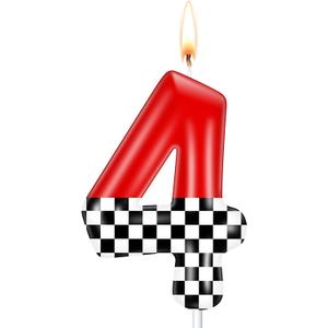10 x Racing Car Theme Birthday Candles, Number Candles for Birthday Party Cake Decoration Supplies (Red, Number 4)
