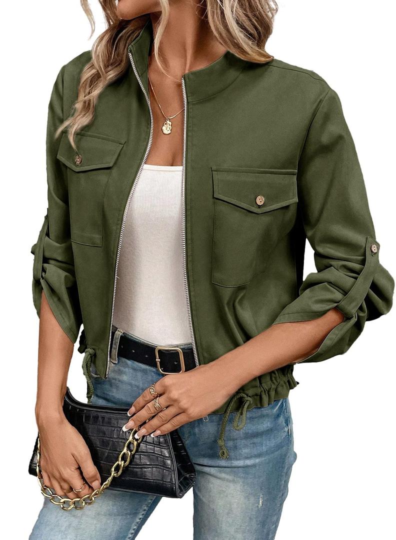 EVALESS Womens Zip Up Jacket Roll Tab Sleeve Flap Pocket Drawstring Hem Utility Lightweight Cropped Jackets, S