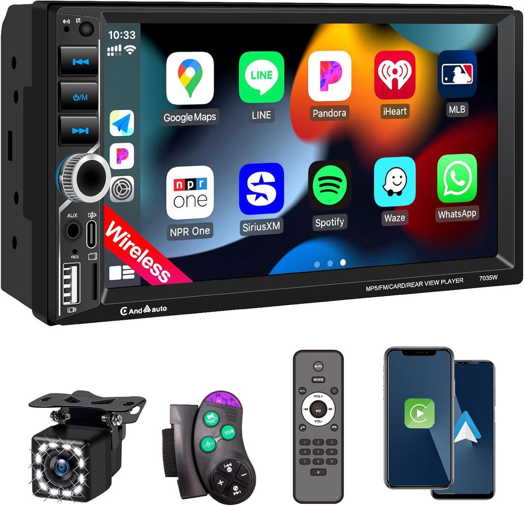 7'' Wireless Apple CarPlay Double Din Car Stereo,Car Radio with IPS HD Touchscreen,Bluetooth 5.2,FM Radio,Backup Camera,Android Auto,Mirror Link,USB/Type-C/AUX/TF,180W Audio Subwoofer Output