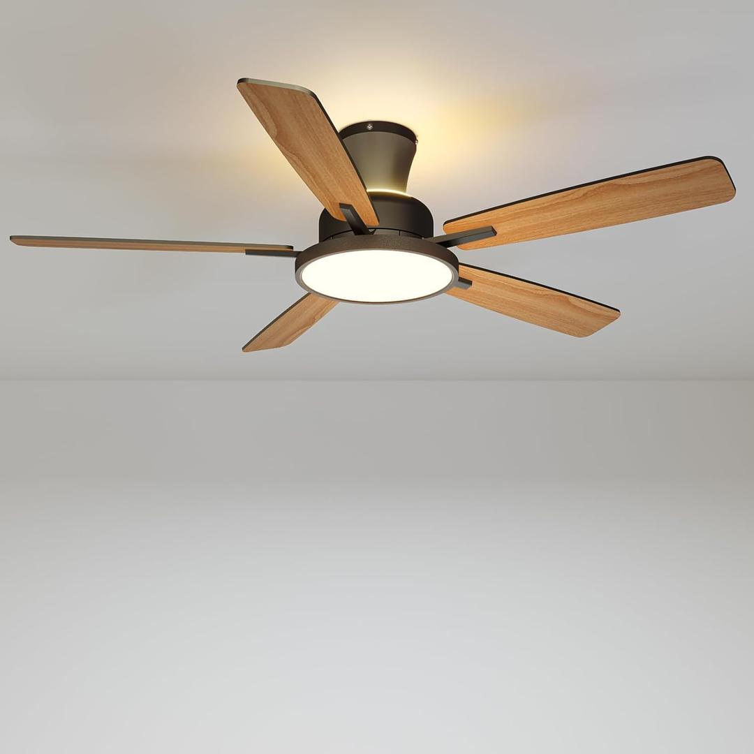 TALOYA Ceiling Fans with Lights and Remote, 52 inch Low Profile Ceiling Fan with Nightlight, Flush Mount, Reversible, 3CCT, Dimmable Black Modern Ceiling Fan for Bedroom, Living Room, Outdoor Patio