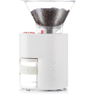 Bodum Bistro Electric Conical Burr Coffee Grinder, Preset Timer, 12 Grind Settings, White