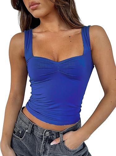 ForeFair Women Sleeveless Sexy Backless Going Out Crop Top Y2K Strappy Ruched Tank Top Summer Tight Slim Fit Cute Tops (Small, Blue)