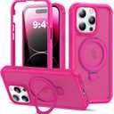 Compatible with iPhone 14 Pro Max Case with Magnetic Ring Stand [Compatible with Mag-Safe] [Built-in Screen Protector] Military-Grade Drop Protection Matte Translucent Phone Case, Rose Red