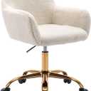 KCC Faux Fur Office Desk Chair, Comfy Swivel Armchair with Wheels, Upholstered Fuzzy Vanity Chair, Adjustable Height, White
