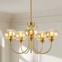 Mid Century Modern Globe Chandelier 5 Light Amber Glass Vintage Sputnik Chandeliers Gold Pendant Light Fixtures for Dining Room Kitchen Living Room Bedroom, Rod