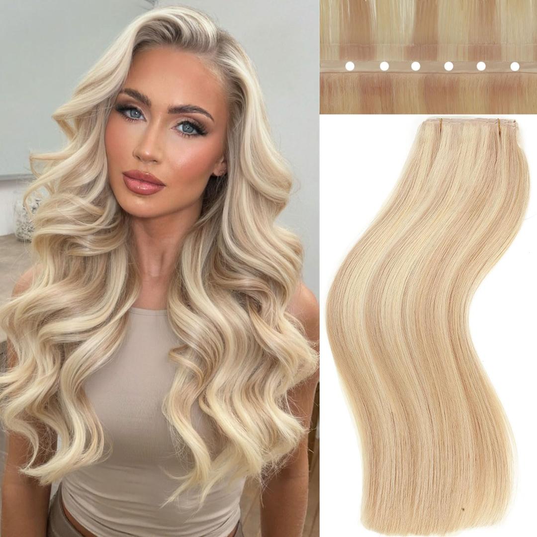 Twin Tab Butterfly Genius OVO Weft Human Hair Extensions Simulated Scalp Latest Double Invisible Real 100% Remy Human Hair Weft with Micro Bead 100g 7ps 18 Inch Strawberry Highlight Blonde